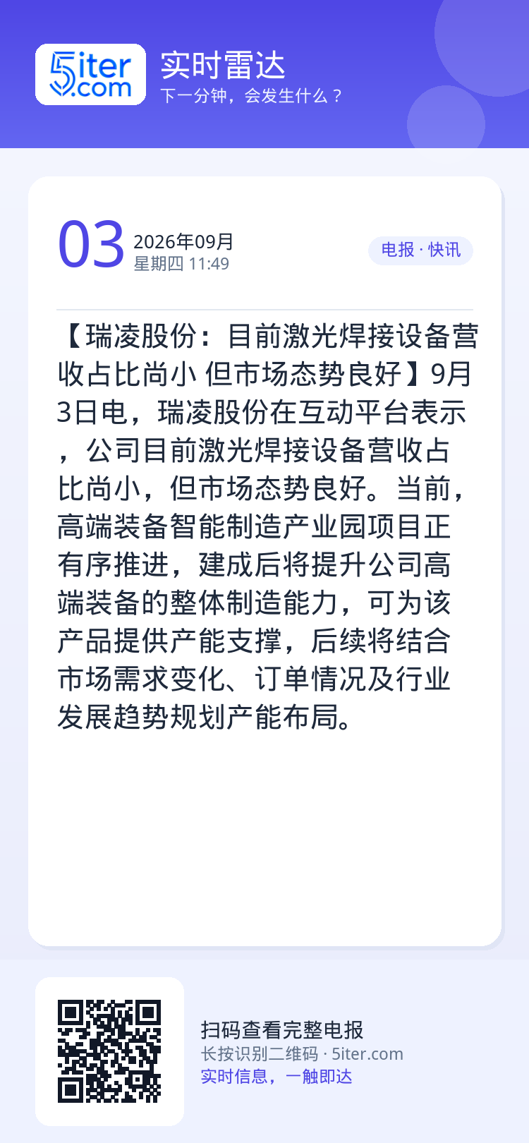 【瑞凌股份：目前激光焊接设备营收占比尚小 但市场态势良好】9月3日电，瑞凌股份在互动平台表示，公司目前激光焊接设备营收占