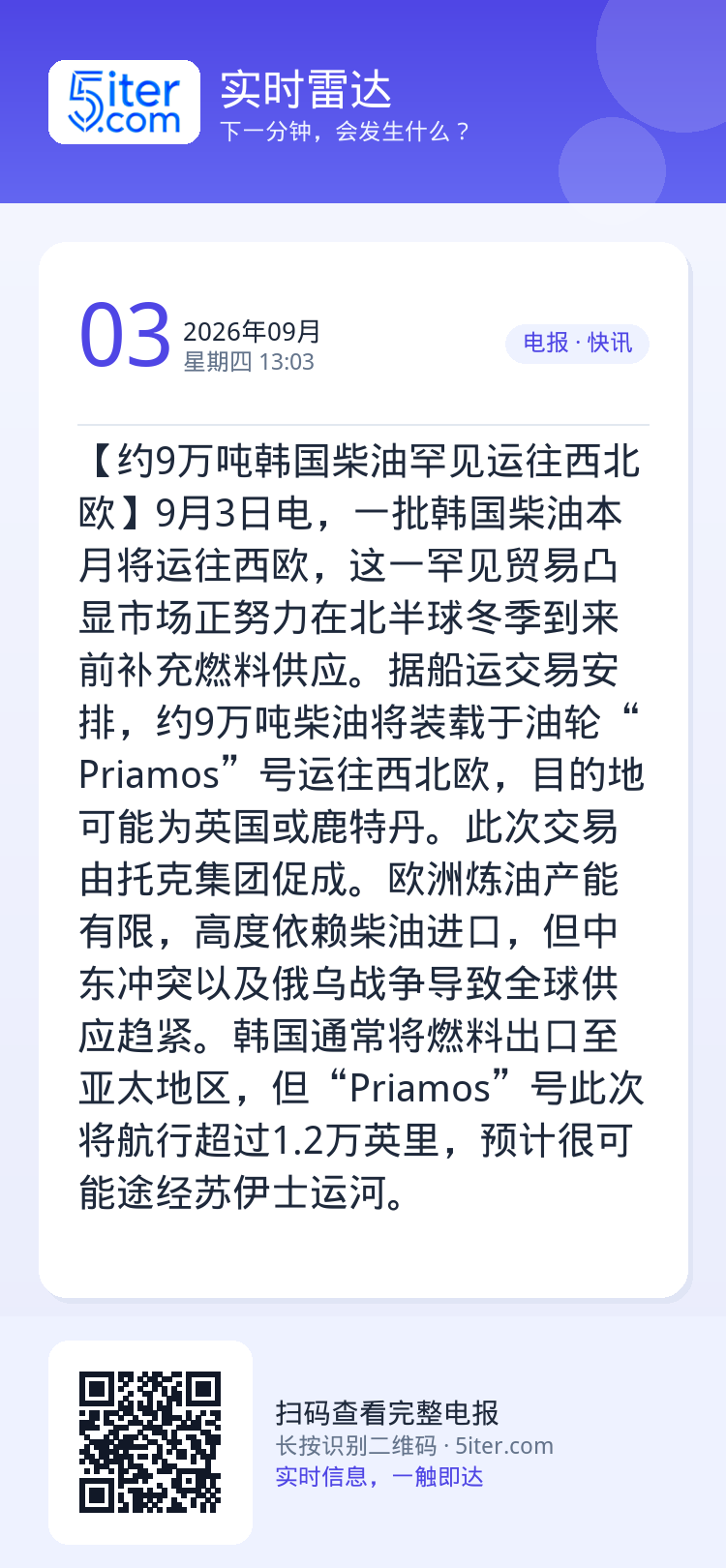 【约9万吨韩国柴油罕见运往西北欧】9月3日电，一批韩国柴油本月将运往西欧，这一罕见贸易凸显市场正努力在北半球冬季到来前补