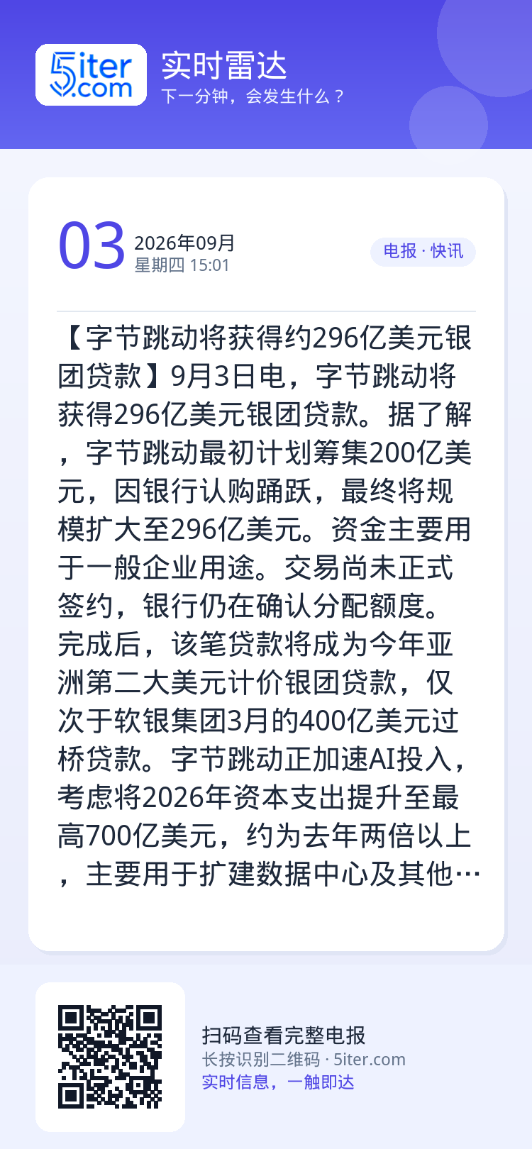 【字节跳动将获得约296亿美元银团贷款】9月3日电，字节跳动将获得296亿美元银团贷款。据了解，字节跳动最初计划筹集20
