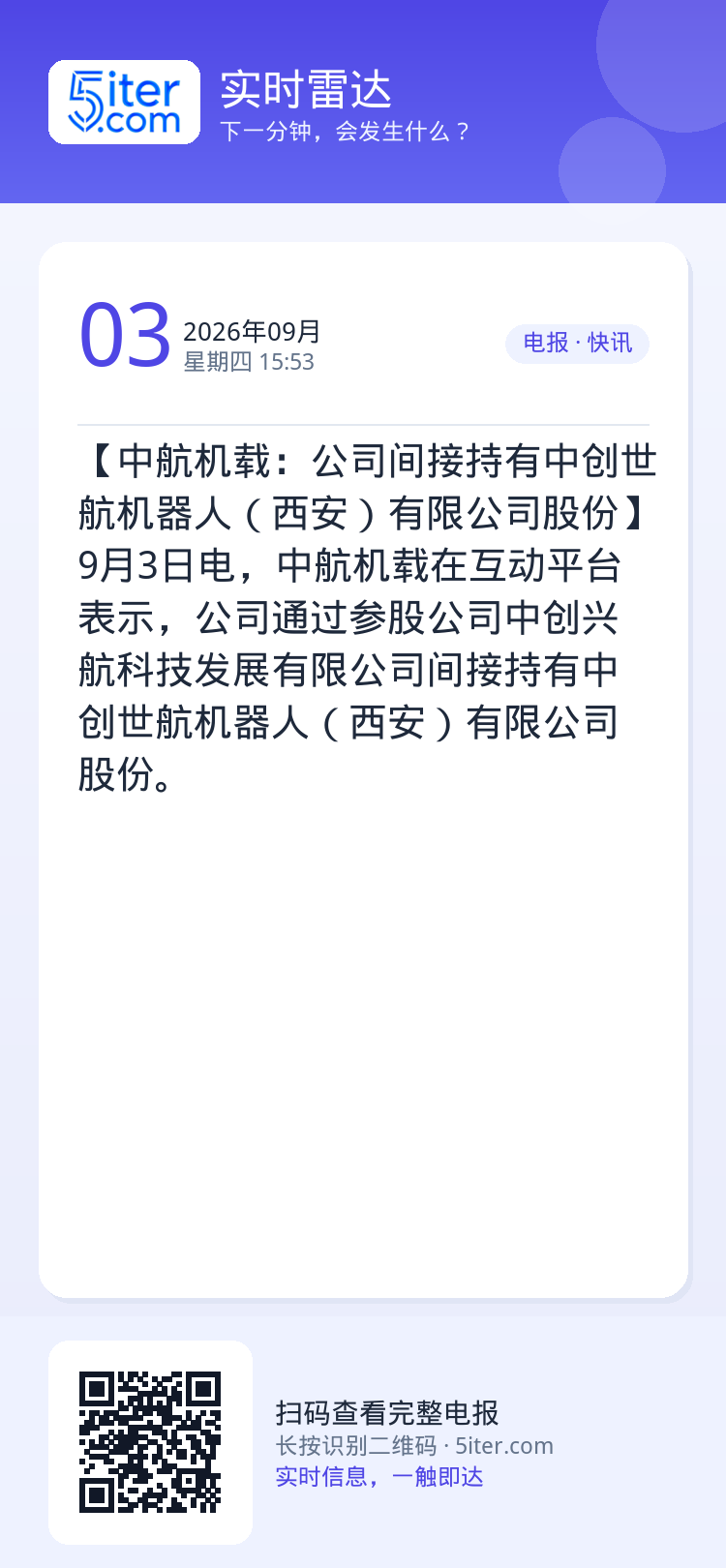 【中航机载：公司间接持有中创世航机器人（西安）有限公司股份】9月3日电，中航机载在互动平台表示，公司通过参股公司中创兴航