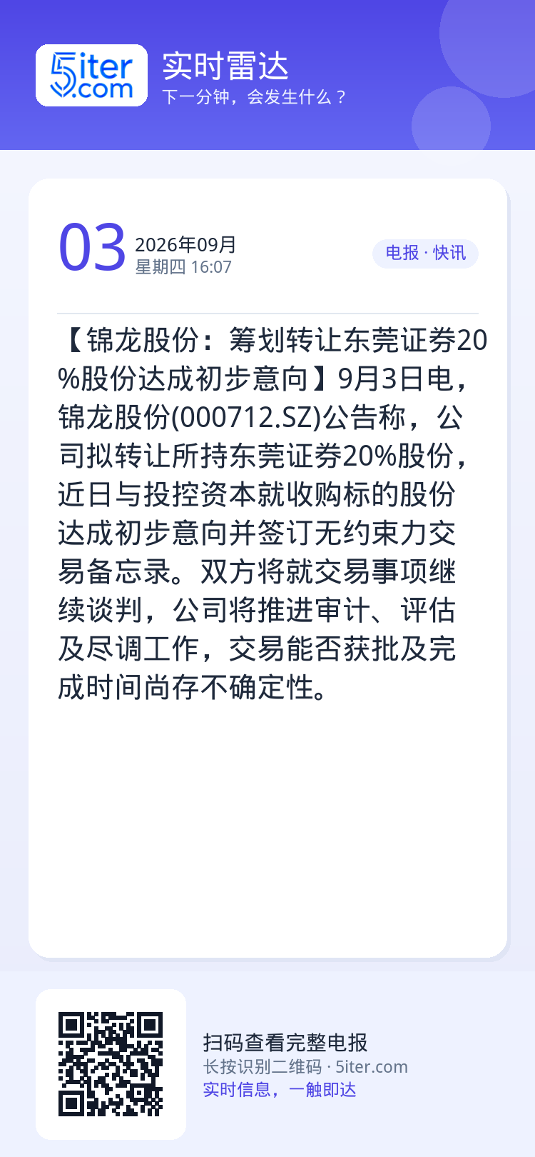 【锦龙股份：筹划转让东莞证券20%股份达成初步意向】9月3日电，锦龙股份(000712.SZ)公告称，公司拟转让所持东莞