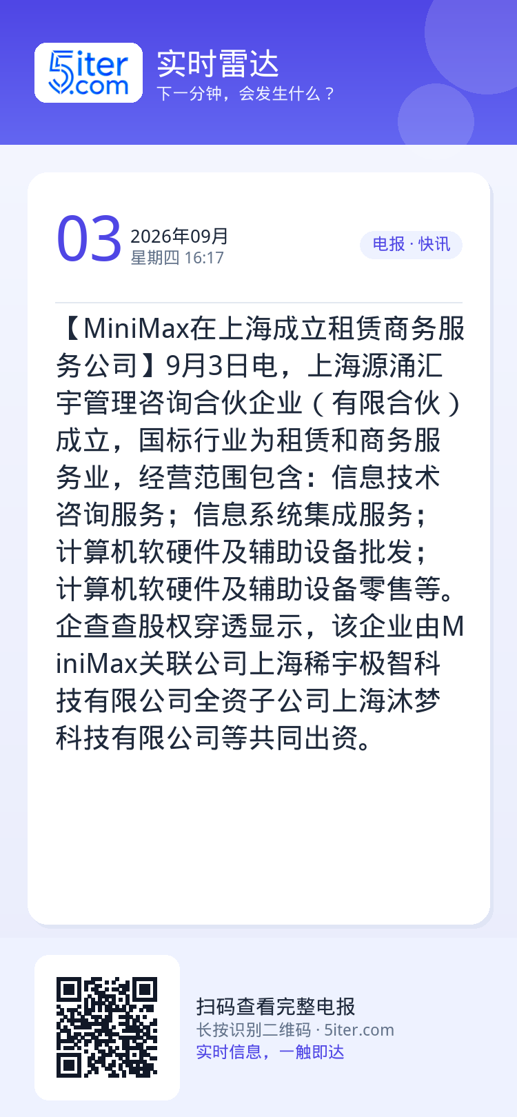 【MiniMax‌在上海成立租赁商务服务公司】9月3日电，上海源涌汇宇管理咨询合伙企业（有限合伙）成立，国标行业为租赁和