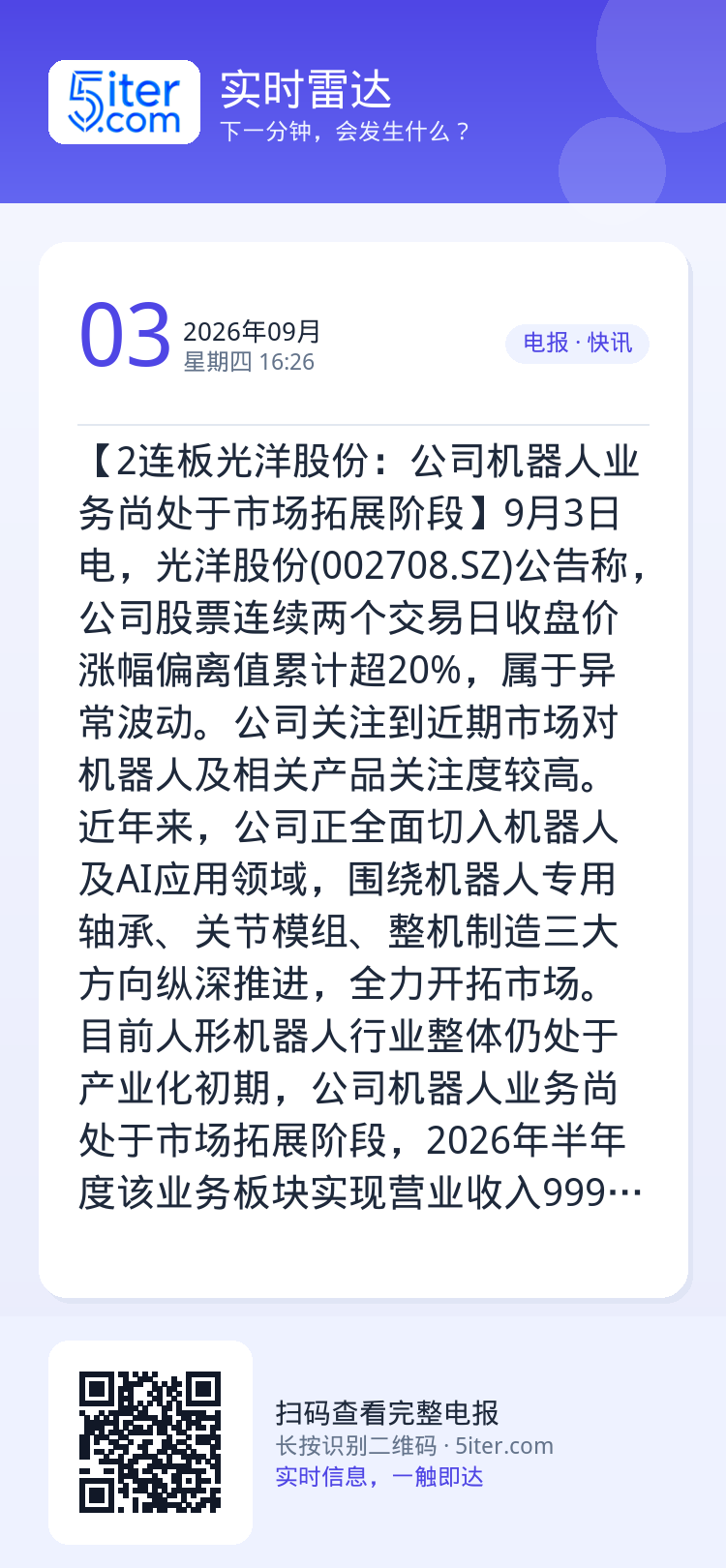 【2连板光洋股份：公司机器人业务尚处于市场拓展阶段】9月3日电，光洋股份(002708.SZ)公告称，公司股票连续两个交