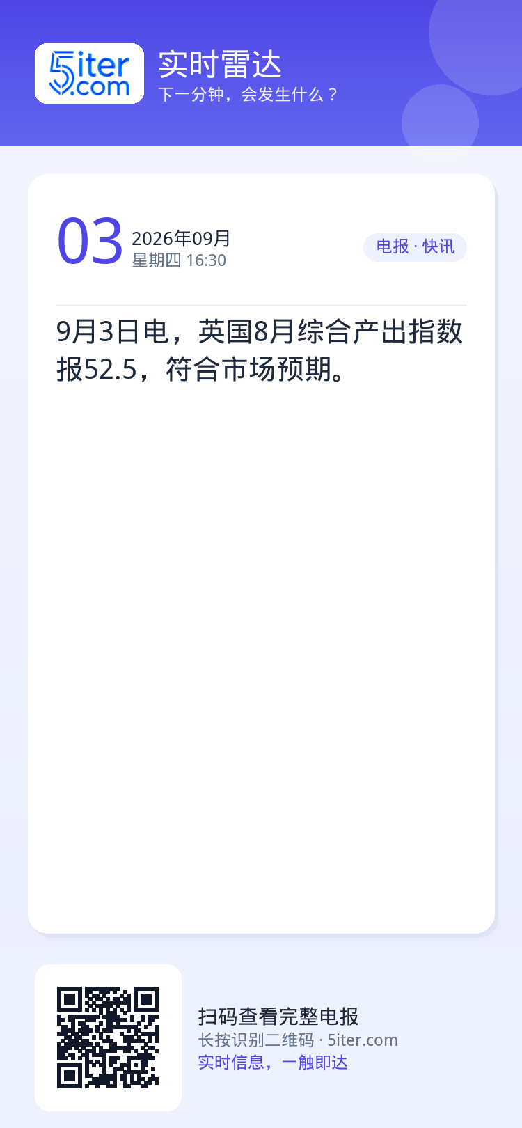 9月3日电，英国8月综合产出指数报52.5，符合市场预期。