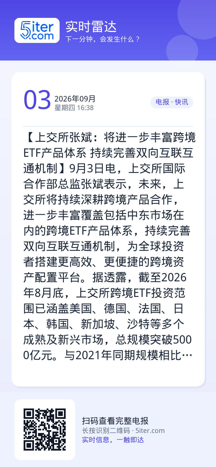 【上交所张斌：将进一步丰富跨境ETF产品体系 持续完善双向互联互通机制】9月3日电，上交所国际合作部总监张斌表示，未来，