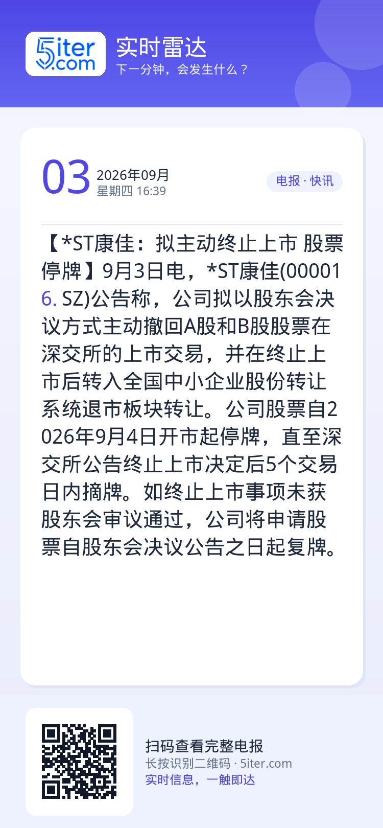 【*ST康佳：拟主动终止上市 股票停牌】9月3日电，*ST康佳(000016.SZ)公告称，公司拟以股东会决议方式主动撤