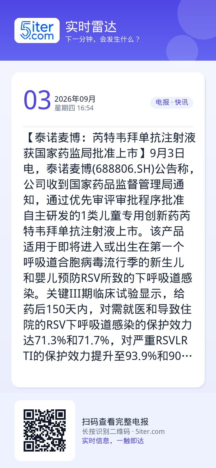 【泰诺麦博：芮特韦拜单抗注射液获国家药监局批准上市】9月3日电，泰诺麦博(688806.SH)公告称，公司收到国家药品监