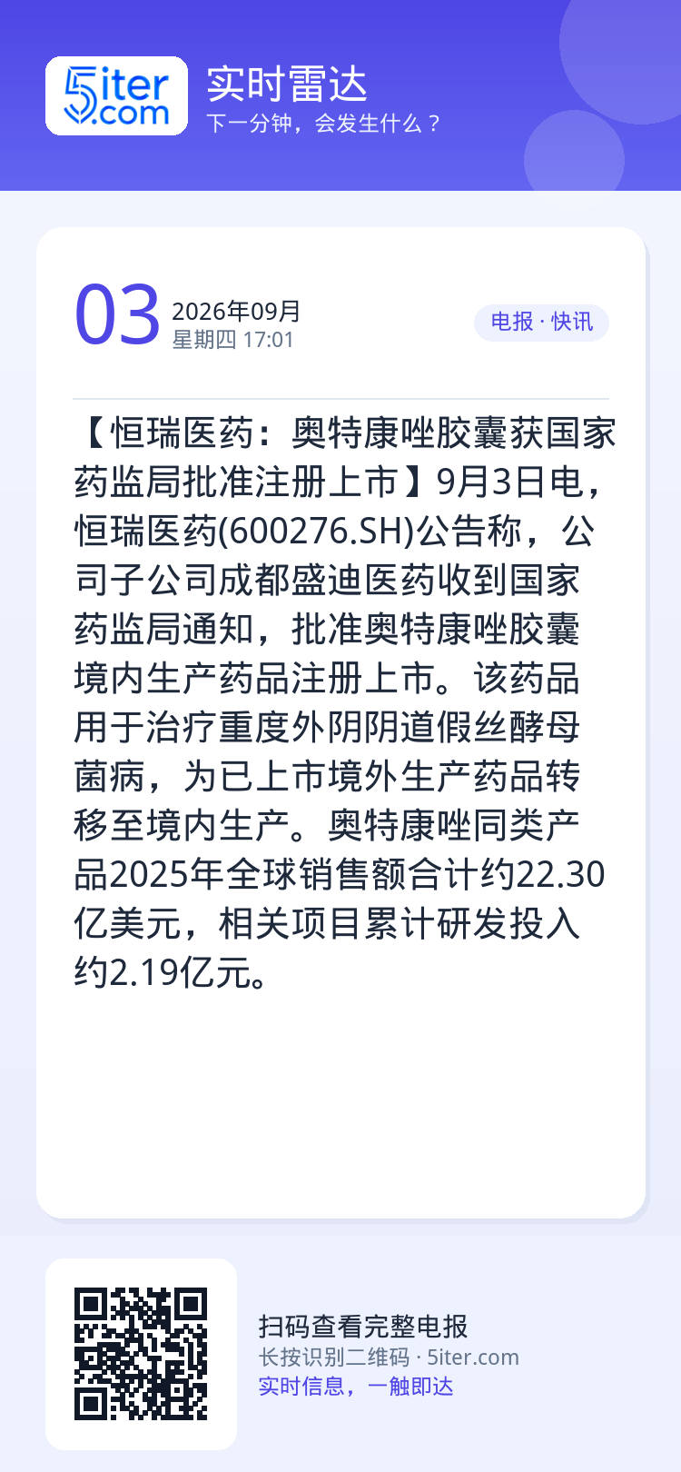 【恒瑞医药：奥特康唑胶囊获国家药监局批准注册上市】9月3日电，恒瑞医药(600276.SH)公告称，公司子公司成都盛迪医