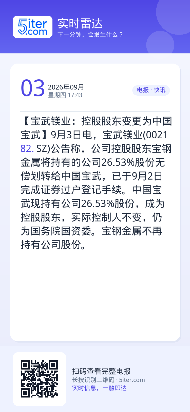 【宝武镁业：控股股东变更为中国宝武】9月3日电，宝武镁业(002182.SZ)公告称，公司控股股东宝钢金属将持有的公司2