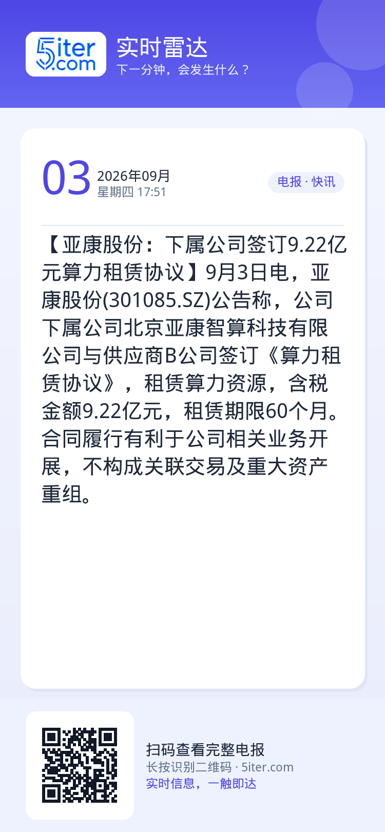 【亚康股份：下属公司签订9.22亿元算力租赁协议】9月3日电，亚康股份(301085.SZ)公告称，公司下属公司北京亚康