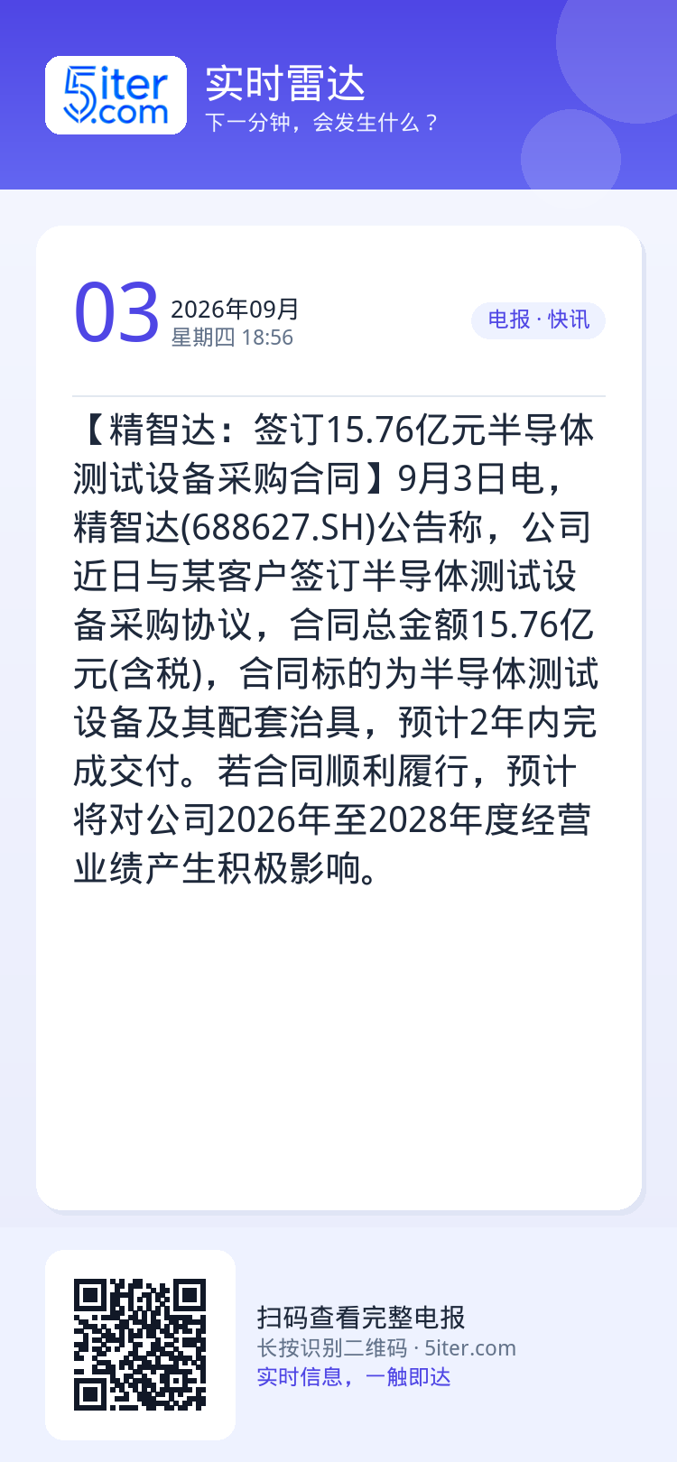 【精智达：签订15.76亿元半导体测试设备采购合同】9月3日电，精智达(688627.SH)公告称，公司近日与某客户签订