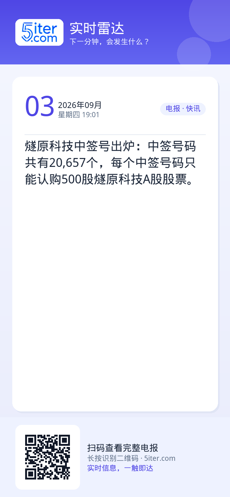 燧原科技中签号出炉：中签号码共有20,657个，每个中签号码只能认购500股燧原科技A股股票。