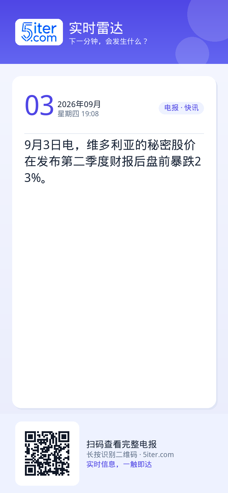 9月3日电，维多利亚的秘密股价在发布第二季度财报后盘前暴跌23%。