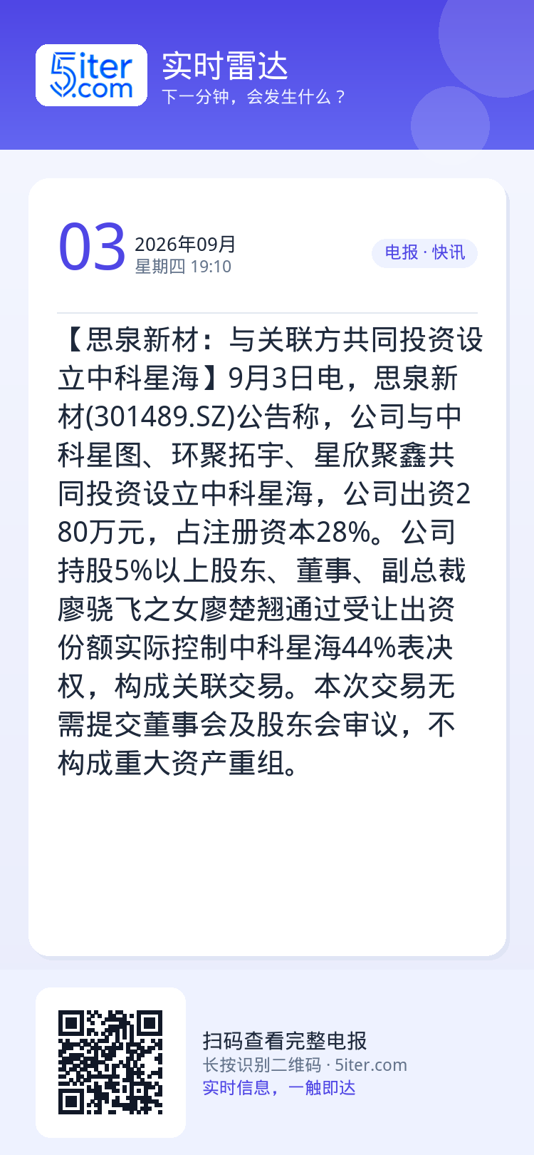 【思泉新材：与关联方共同投资设立中科星海】9月3日电，思泉新材(301489.SZ)公告称，公司与中科星图、环聚拓宇、星