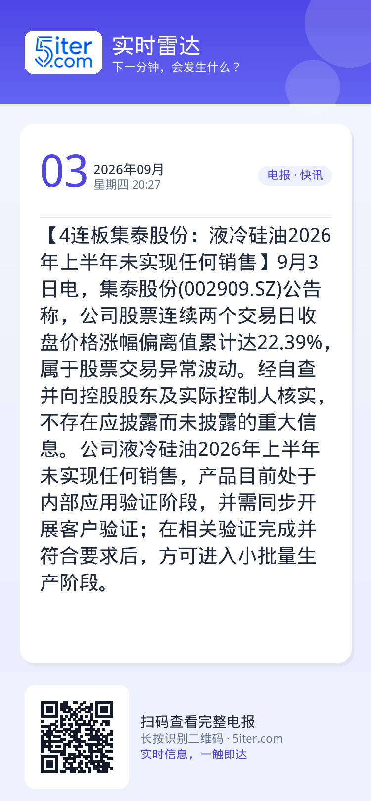 【4连板集泰股份：液冷硅油2026年上半年未实现任何销售】9月3日电，集泰股份(002909.SZ)公告称，公司股票连续
