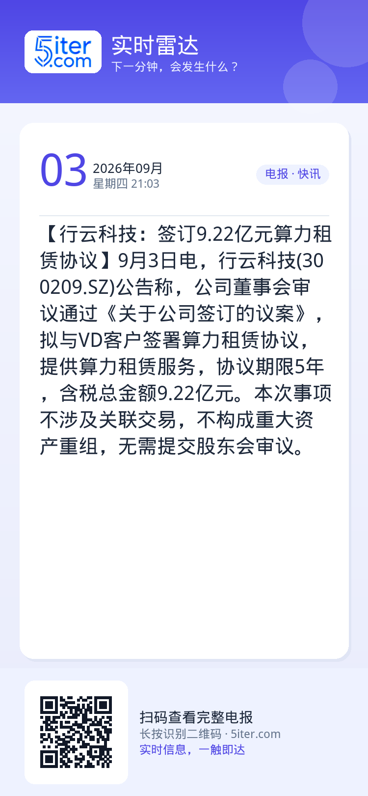 【行云科技：签订9.22亿元算力租赁协议】9月3日电，行云科技(300209.SZ)公告称，公司董事会审议通过《关于公司