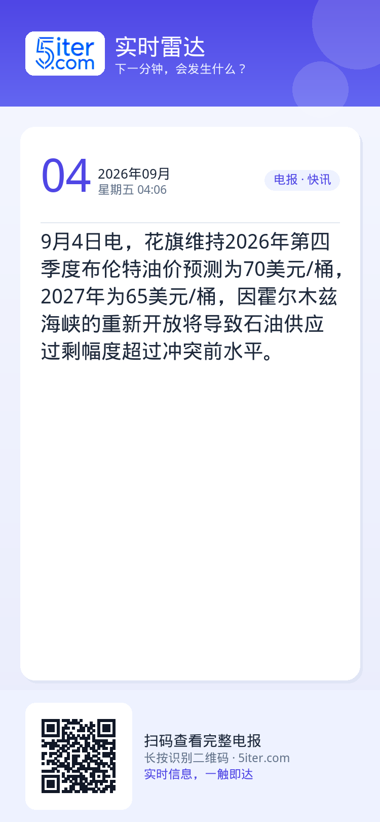 9月4日电，花旗维持2026年第四季度布伦特油价预测为70美元/桶，2027年为65美元/桶，因霍尔木兹海峡的重新开放将