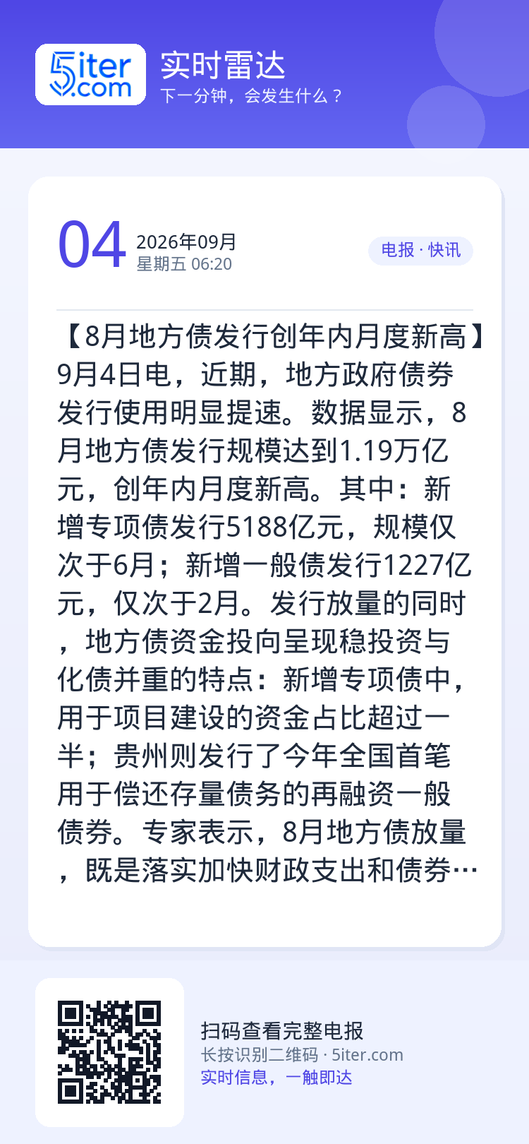 【8月地方债发行创年内月度新高】9月4日电，近期，地方政府债券发行使用明显提速。数据显示，8月地方债发行规模达到1.19