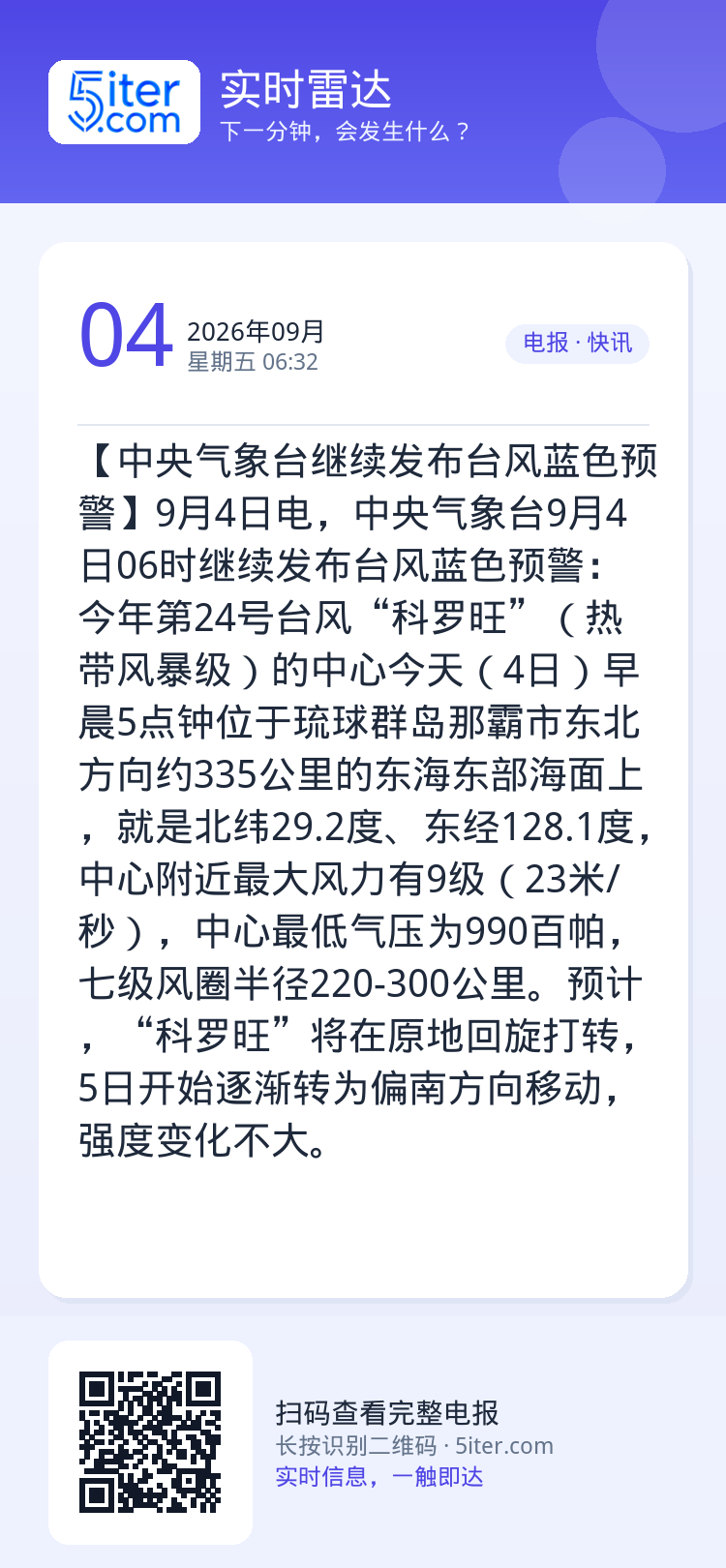 【中央气象台继续发布台风蓝色预警】9月4日电，中央气象台9月4日06时继续发布台风蓝色预警：今年第24号台风“科罗旺”（
