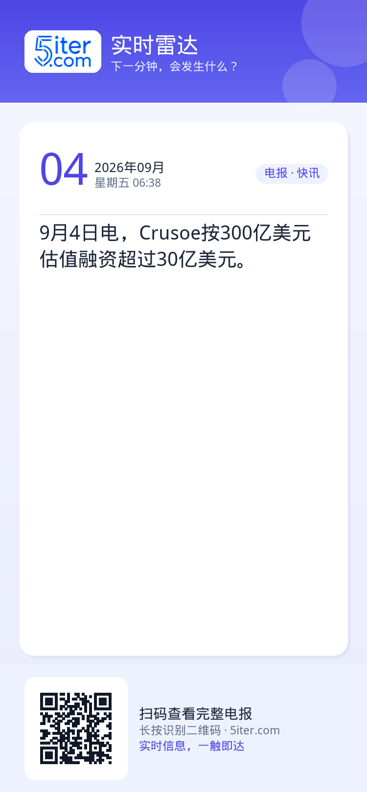 9月4日电，Crusoe按300亿美元估值融资超过30亿美元。