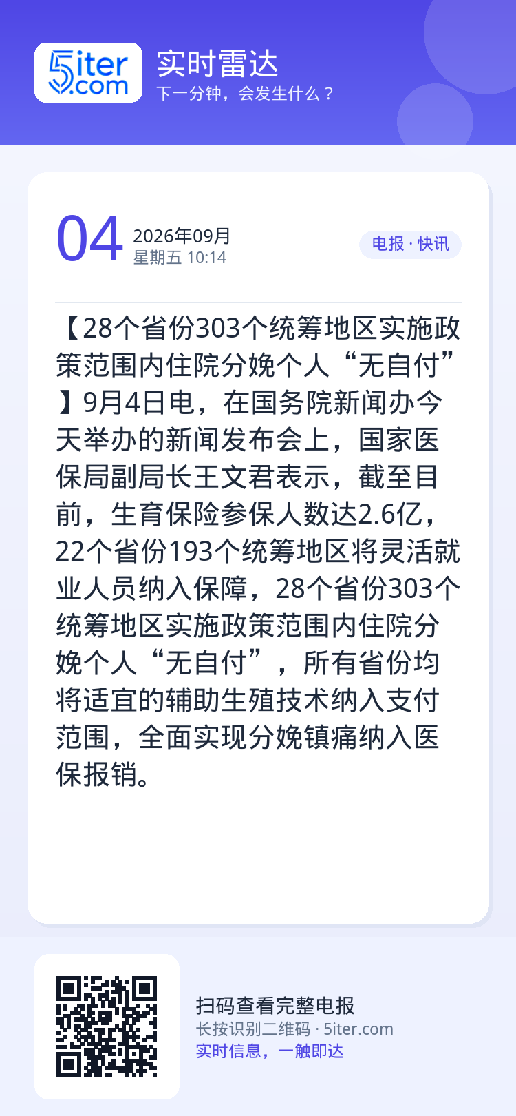 【28个省份303个统筹地区实施政策范围内住院分娩个人“无自付”】9月4日电，在国务院新闻办今天举办的新闻发布会上，国家