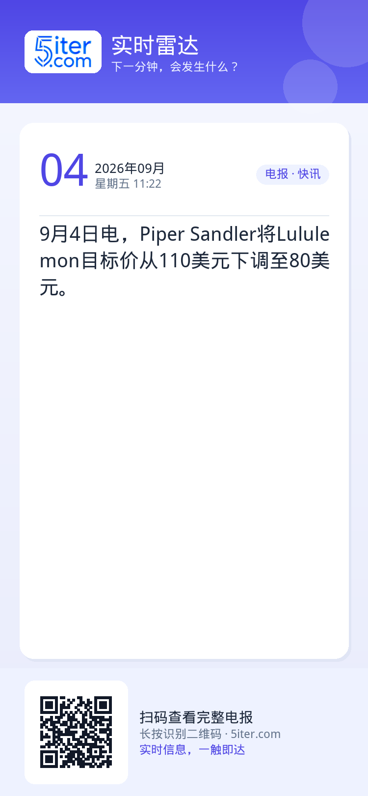 9月4日电，Piper Sandler将Lululemon目标价从110美元下调至80美元。