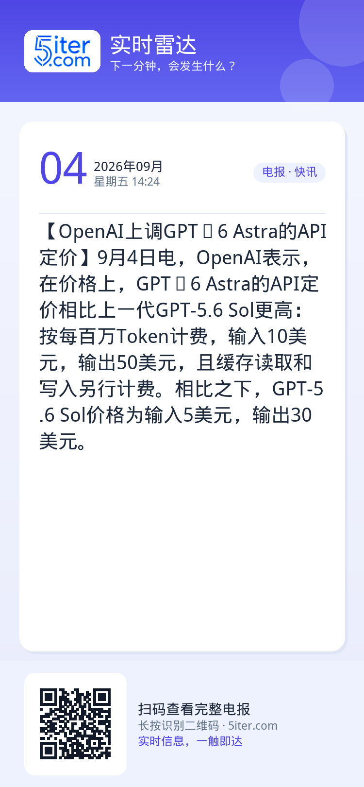 【OpenAI上调GPT‑6 Astra的API定价】9月4日电，OpenAI表示，在价格上，GPT‑6 Astra的A