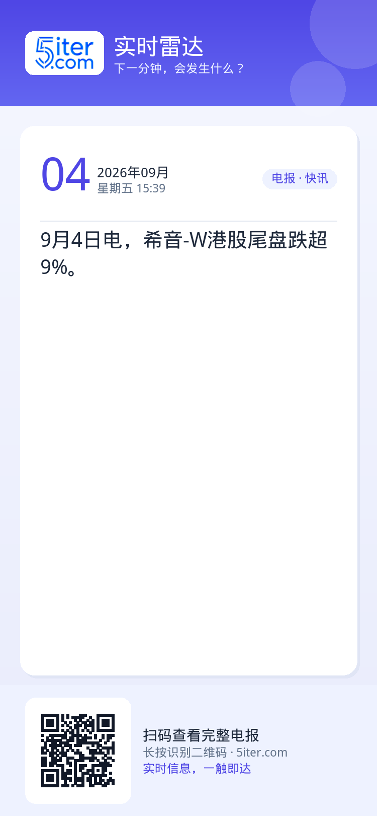 9月4日电，希音-W港股尾盘跌超9%。