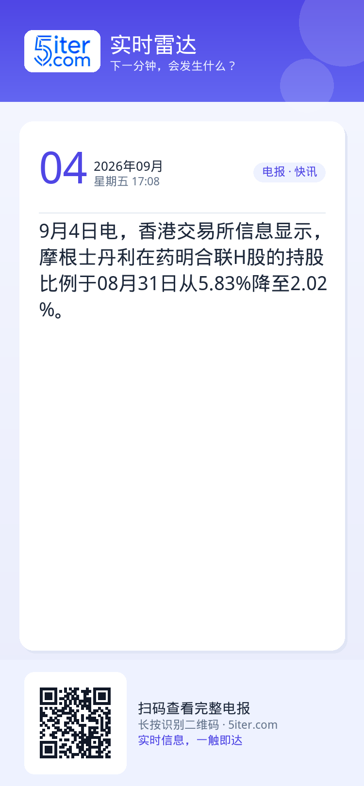 9月4日电，香港交易所信息显示，摩根士丹利在药明合联H股的持股比例于08月31日从5.83%降至2.02%。