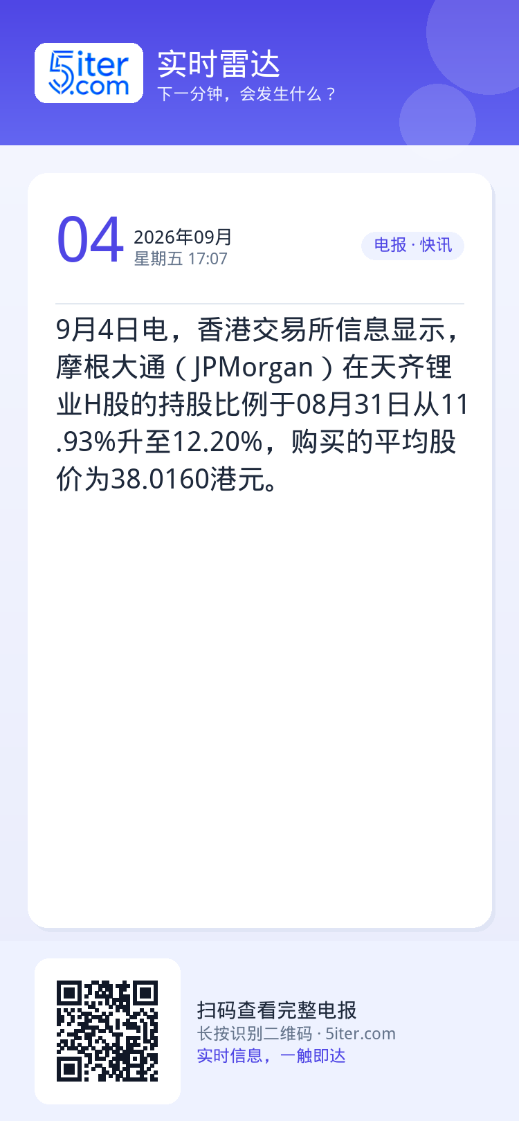 9月4日电，香港交易所信息显示，摩根大通（JPMorgan）在天齐锂业H股的持股比例于08月31日从11.93%升至12