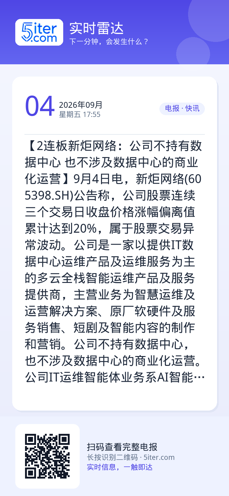【2连板新炬网络：公司不持有数据中心 也不涉及数据中心的商业化运营】9月4日电，新炬网络(605398.SH)公告称，公