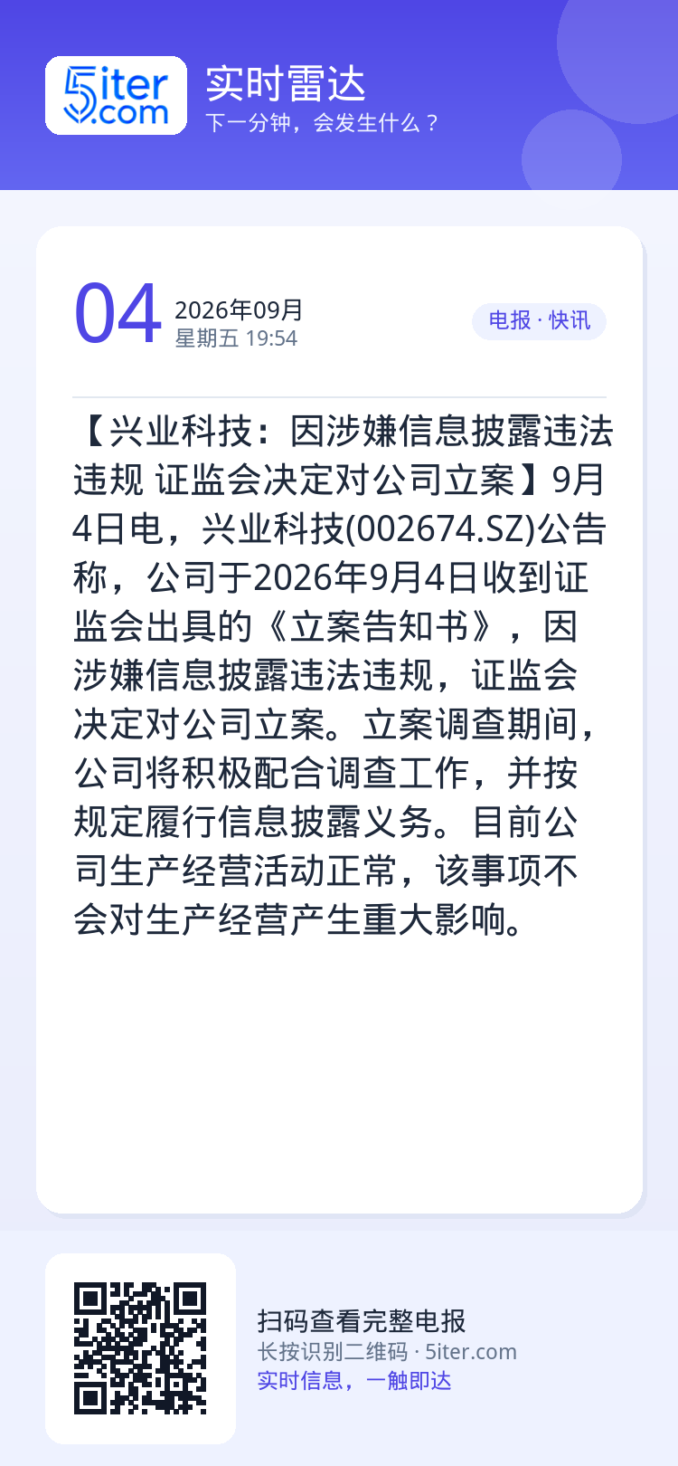 【兴业科技：因涉嫌信息披露违法违规 证监会决定对公司立案】9月4日电，兴业科技(002674.SZ)公告称，公司于202