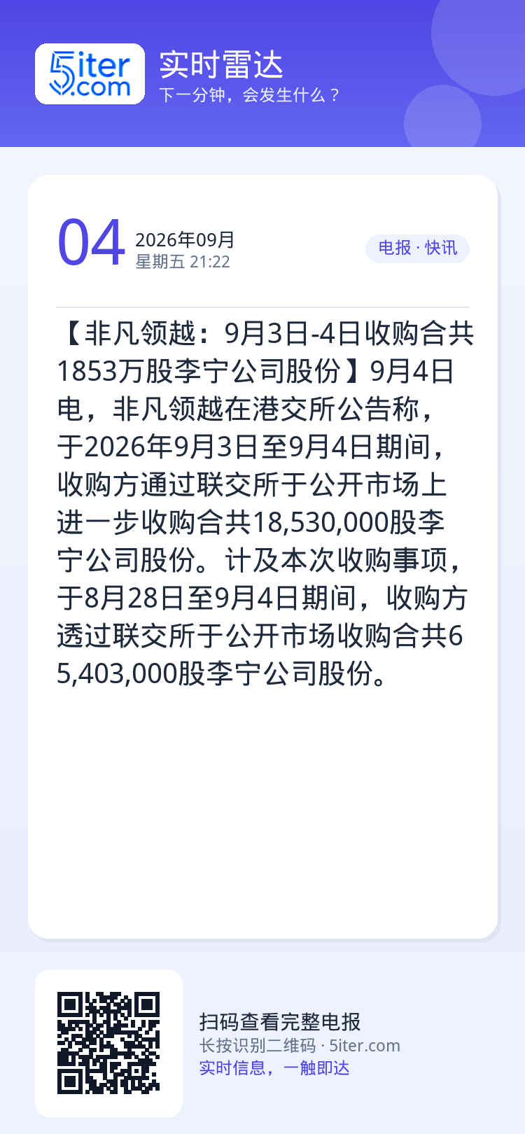 【非凡领越：9月3日-4日收购合共1853万股李宁公司股份】9月4日电，非凡领越在港交所公告称，于2026年9月3日至9