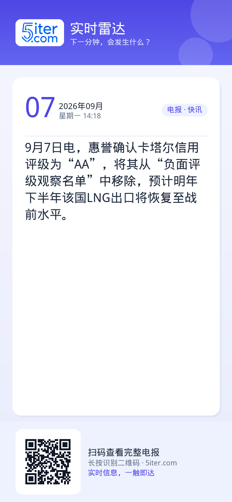 9月7日电，惠誉确认卡塔尔信用评级为“AA”，将其从“负面评级观察名单”中移除，预计明年下半年该国LNG出口将恢复至战前