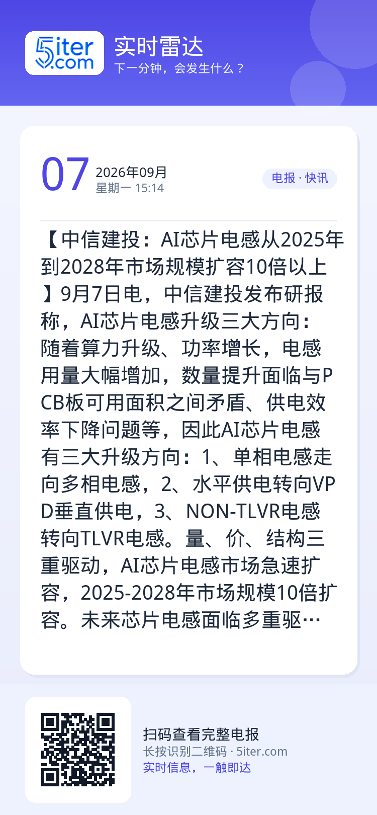 【中信建投：AI芯片电感从2025年到2028年市场规模扩容10倍以上】9月7日电，中信建投发布研报称，AI芯片电感升级