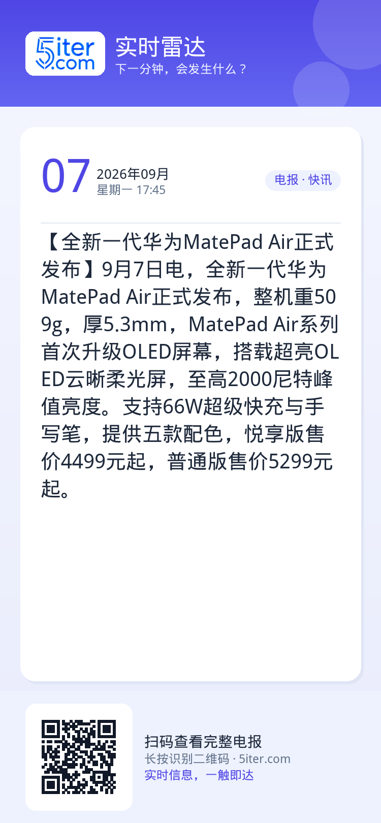 【全新一代华为MatePad Air正式发布】9月7日电，全新一代华为MatePad Air正式发布，整机重509g，厚