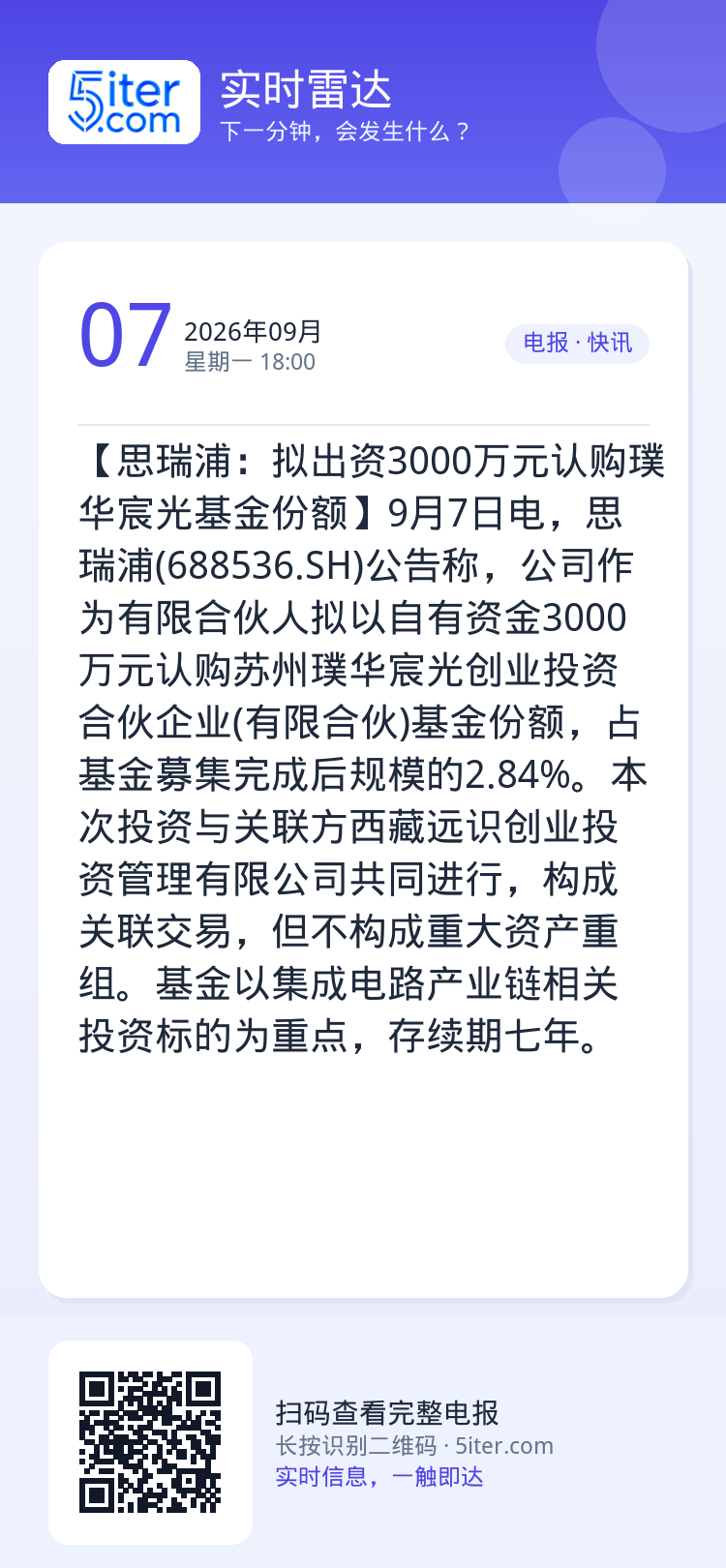 【思瑞浦：拟出资3000万元认购璞华宸光基金份额】9月7日电，思瑞浦(688536.SH)公告称，公司作为有限合伙人拟以