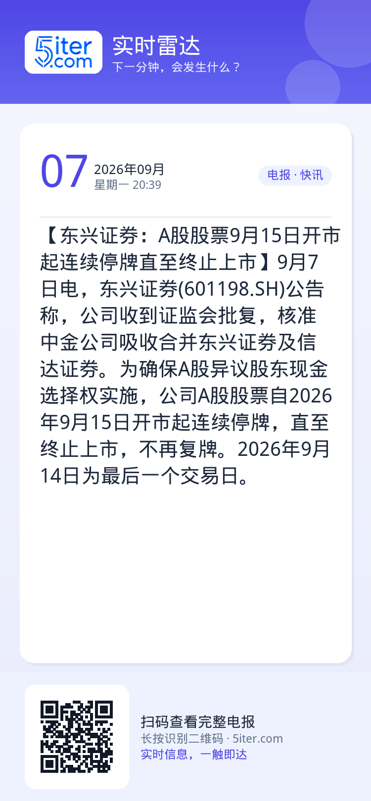 【东兴证券：A股股票9月15日开市起连续停牌直至终止上市】9月7日电，东兴证券(601198.SH)公告称，公司收到证监