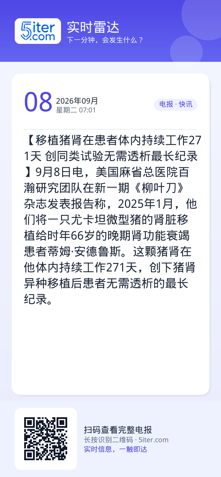 【移植猪肾在患者体内持续工作271天 创同类试验无需透析最长纪录】9月8日电，美国麻省总医院百瀚研究团队在新一期《柳叶刀