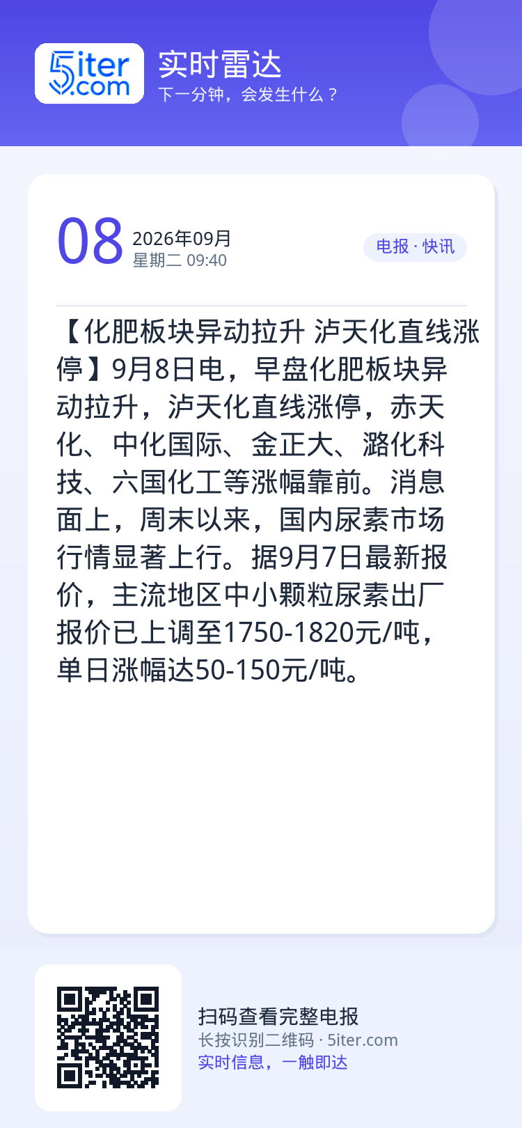 【化肥板块异动拉升 泸天化直线涨停】9月8日电，早盘化肥板块异动拉升，泸天化直线涨停，赤天化、中化国际、金正大、潞化科技