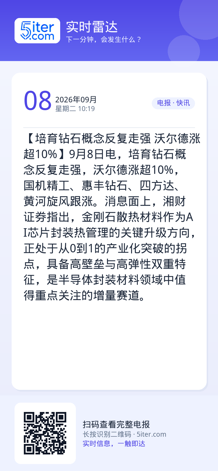 【培育钻石概念反复走强 沃尔德涨超10%】9月8日电，培育钻石概念反复走强，沃尔德涨超10%，国机精工、惠丰钻石、四方达