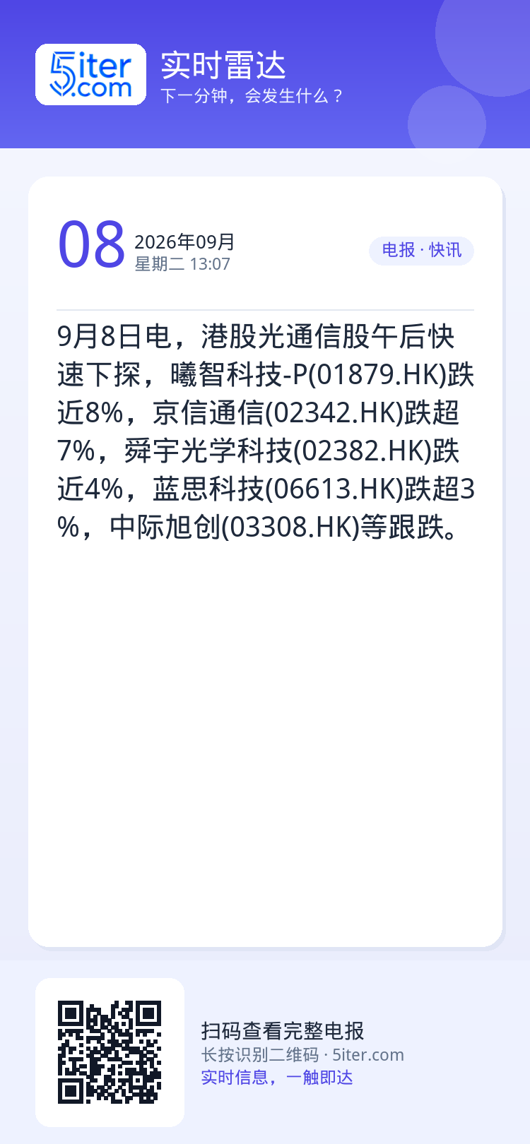 9月8日电，港股光通信股午后快速下探，曦智科技-P(01879.HK)跌近8%，京信通信(02342.HK)跌超7%，舜