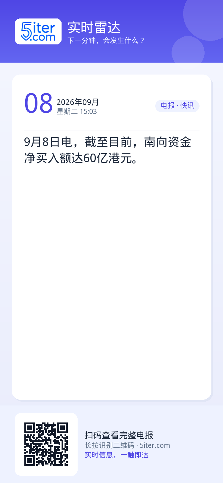 9月8日电，截至目前，南向资金净买入额达60亿港元。