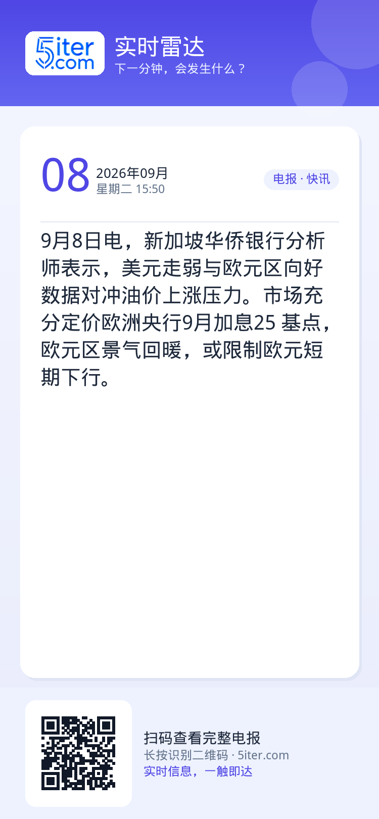 9月8日电，新加坡华侨银行分析师表示，美元走弱与欧元区向好数据对冲油价上涨压力。市场充分定价欧洲央行9月加息25 基点，