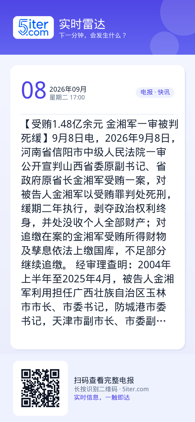 【受贿1.48亿余元 金湘军一审被判死缓】9月8日电，2026年9月8日，河南省信阳市中级人民法院一审公开宣判山西省委原
