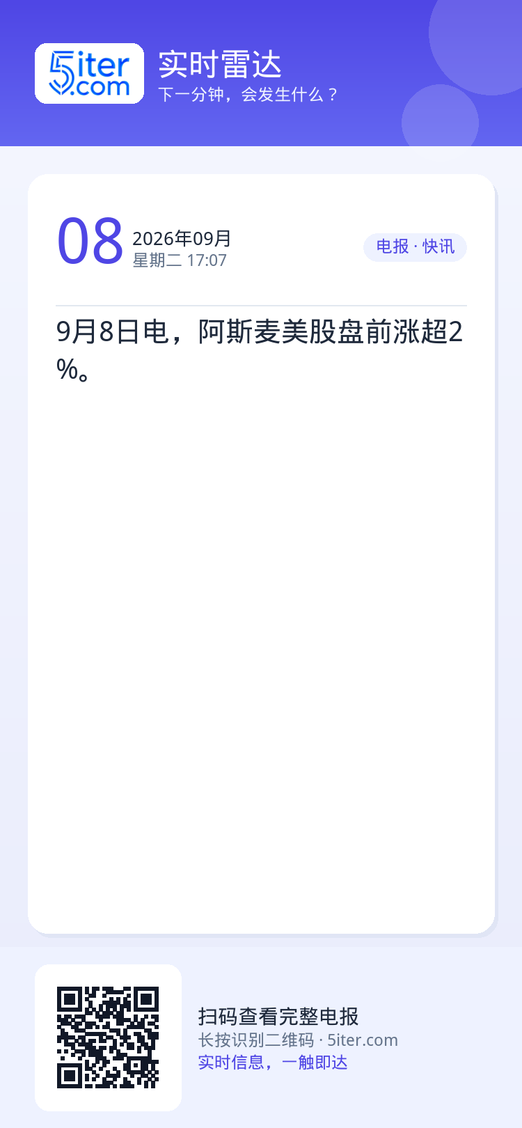 9月8日电，阿斯麦美股盘前涨超2%。