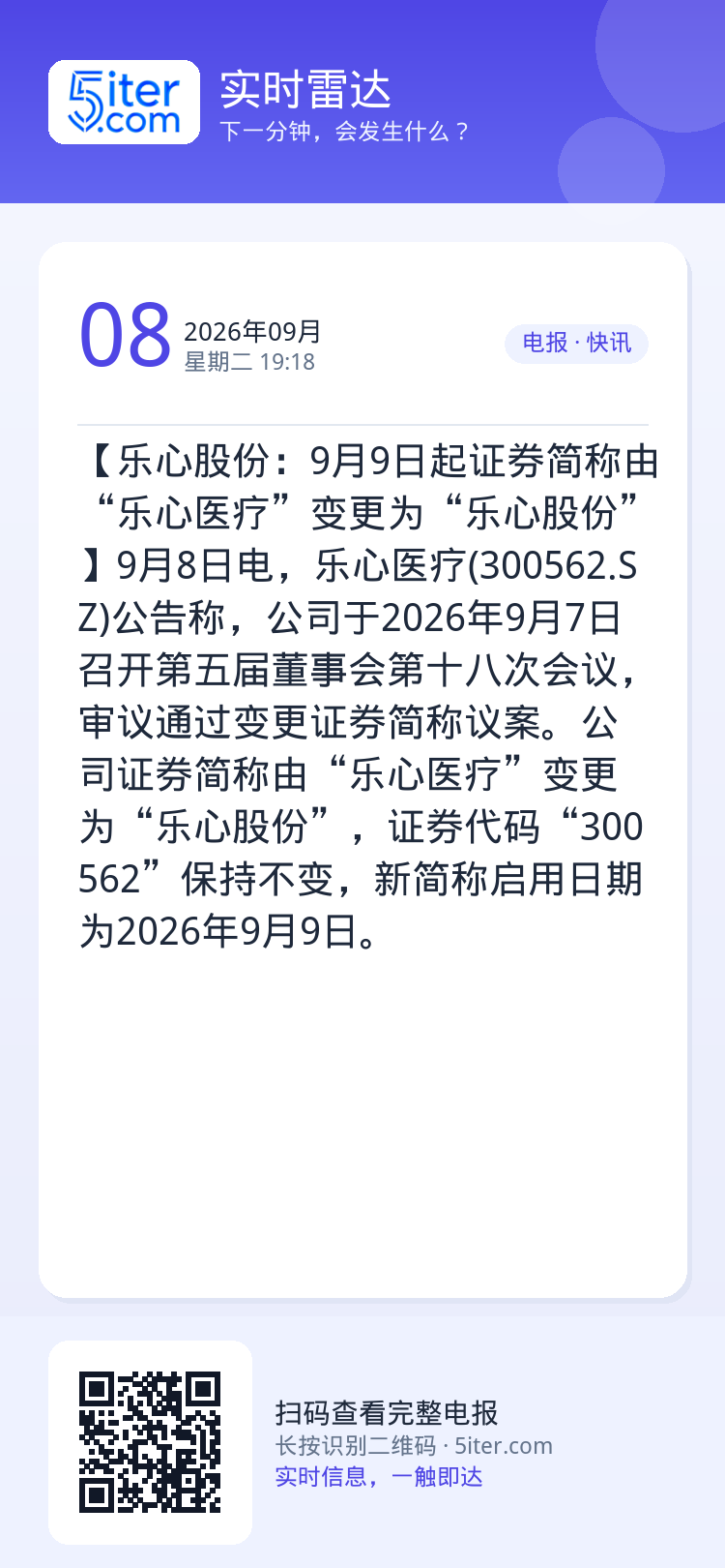 【乐心股份：9月9日起证券简称由“乐心医疗”变更为“乐心股份”】9月8日电，乐心医疗(300562.SZ)公告称，公司于