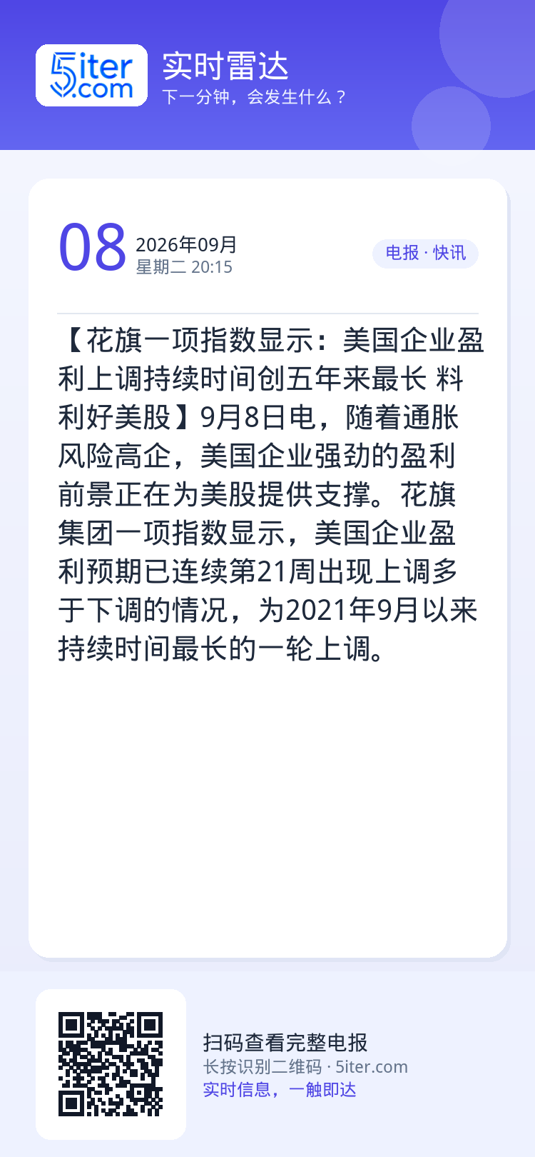 【花旗一项指数显示：美国企业盈利上调持续时间创五年来最长 料利好美股】9月8日电，随着通胀风险高企，美国企业强劲的盈利前