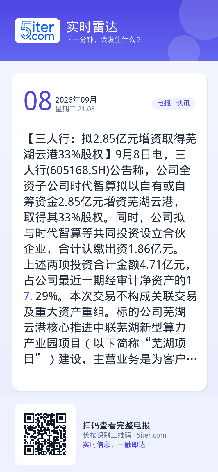 【三人行：拟2.85亿元增资取得芜湖云港33%股权】9月8日电，三人行(605168.SH)公告称，公司全资子公司时代智