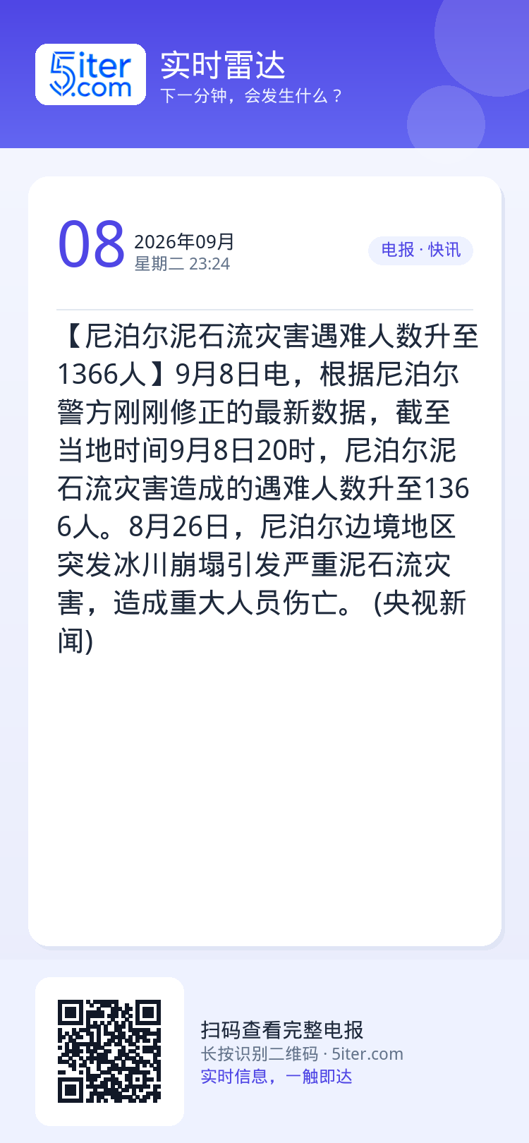 【尼泊尔泥石流灾害遇难人数升至1366人】9月8日电，根据尼泊尔警方刚刚修正的最新数据，截至当地时间9月8日20时，尼泊